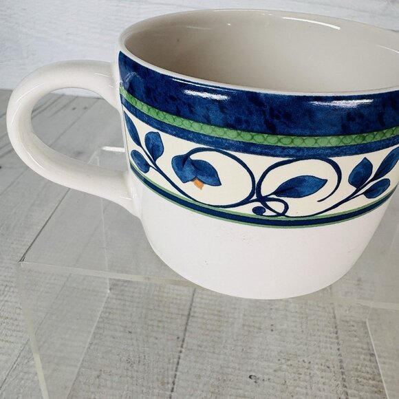 Pfaltzgraff ORLEANS Blue Green Vines Yellow Stoneware Flat 8oz Cups Mugs Set 4 - Picture 12 of 16
